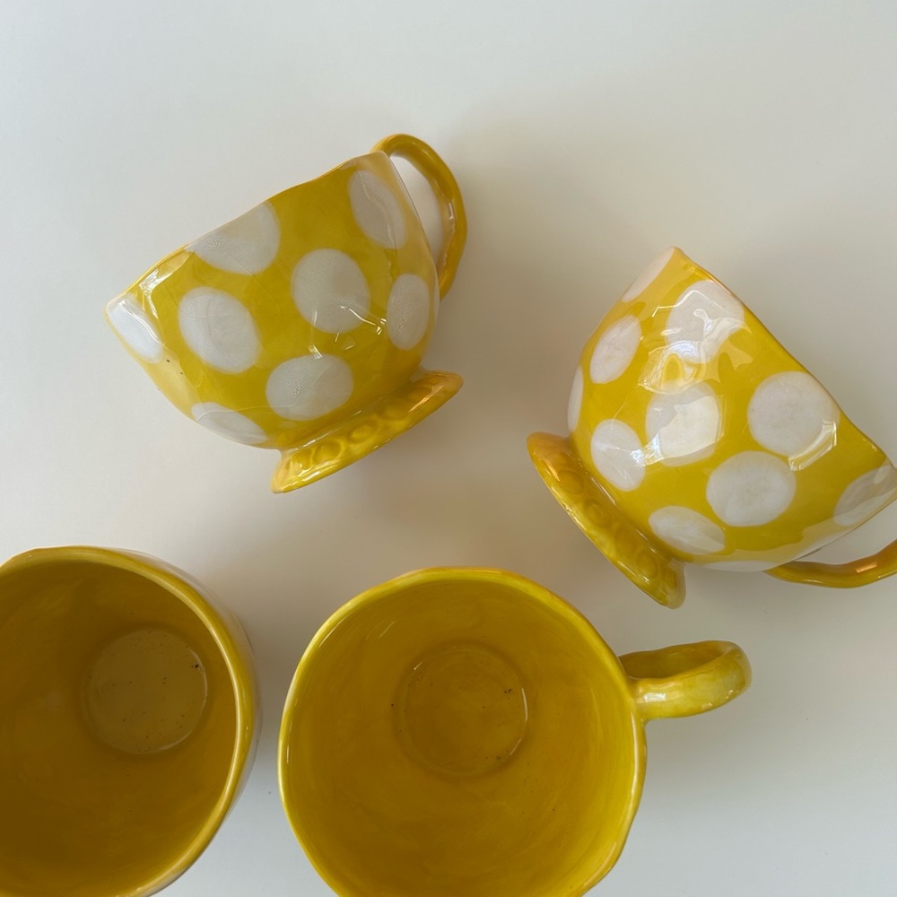 Anthropologie Yellow Polka Dot Ceramic Teacups